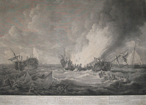 (MILITARY & MARINE). PATON, Richard. The distressed situation of the Quebec & the Surveillante a French Ship of War, In memory of the much lamented tho’ glorious death of Captn. Farmer…[French Title]. Richd. Paton Pinxt. J. Boydell excudit, 1780. Fittler & Lerpiniere Sculp.nt. Published 7 December 1780, by John Boydell…London.